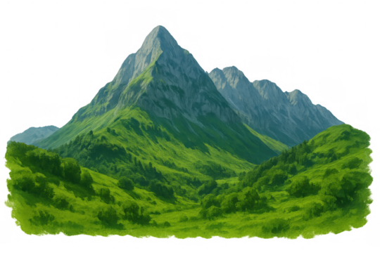 Green valley nestled between mountain peaks, transparent background offering scenic landscape design element for digital compositions