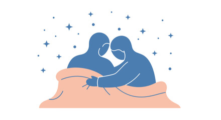 Minimalist illustration of a couple embracing in bed under a starry night sky, symbolizing love, comfort, and peaceful sleep.