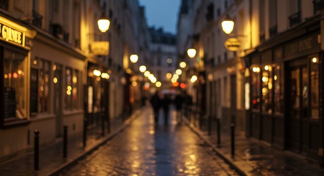 Fototapeta Parisian Twilight: Blurred Night Street Scene with Warm Lighting and Subtle Rain