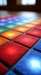 Close up of illuminated square tiles in red orange blue and green hues