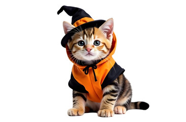 A small tabby kitten wearing a black and orange witch costume with a hat