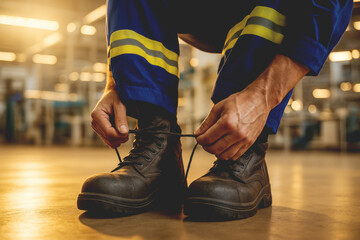 Worker Lacing Safety Boots Inside Factory – Industrial Safety Concept

