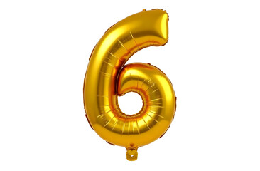 A shiny gold balloon shaped like the number six against a black background. The balloon is inflated and reflects light, creating a glossy appearance.