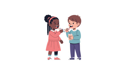 Happy Children Sharing a Drink, Friendship and Childhood Joy Illustration