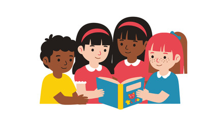 Diverse Group of Children Reading a Book Together. Happy Kids Learning and Sharing Stories. Multicultural Education and Friendship Concept.