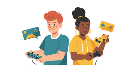 Diverse Young Gamers Enjoying Video Games with Controllers. Modern Flat Illustration of Kids Playing Online.