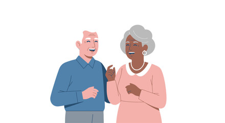 Diverse Senior Couple Laughing and Talking Illustration on White Background