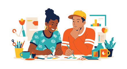 Diverse Creative Team Collaborating on Design Project with Art Supplies; Graphic Designers Working Together