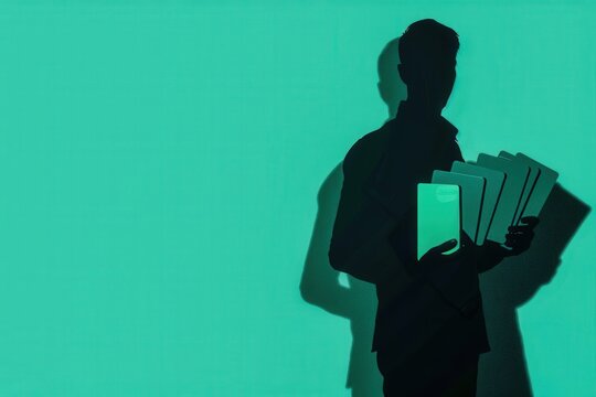 flat design of a shadow figure holding multiple ID cards teal and black on IDs .