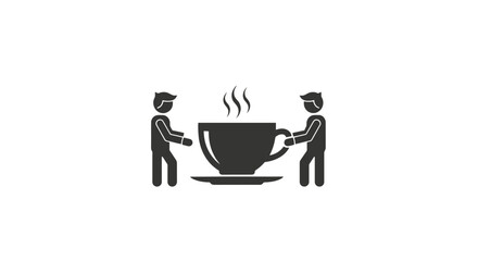 Two people carrying a large steaming coffee cup, teamwork and beverage service icon