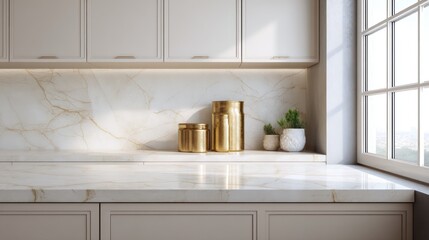 Elegant monochromatic kitchen in off-white tones and light gold-veined marble diffused rim light from rear window beneath cabinet
