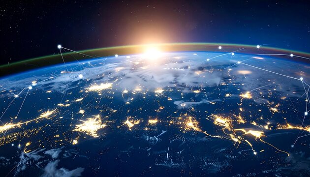 Earth at dawn, global network - Powered by Adobe