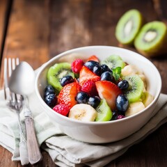 Healthy Bowl of Fresh Fruit Salad with Colorful Berries, Bananas, and Kiwi on Wooden Table in Natural Light, Clean and Vibrant Composition for Food and Wellness Content
