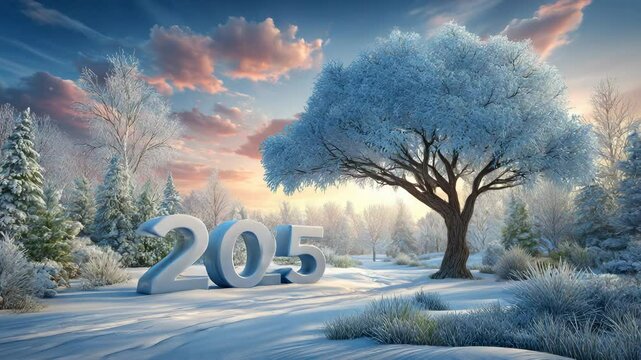 Winter wonderland scene with 205 number