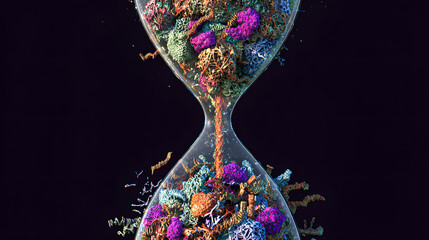 Abstract hourglass with organic textures and vibrant colors, representing biological time rhythms.
