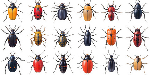 Collection of  collection of various beetles displayed against a solid black background real image, no blur, clear image, hd, full hd, photos, isolated white background