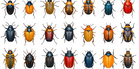 Collection of an assortment of colorful beetles displayed on a black background grid real image, no blur, clear image, hd, full hd, photos, isolated white background