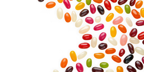 Collection of  scattered colorful jelly beans on a plain black background from upper right real image, no blur, clear image, hd, full hd, photos, isolated white background