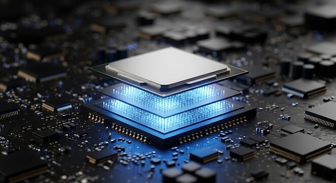 A layered stack of glowing blue computer processor chips on a detailed circuit board, showcasing advanced technology and the core of digital processing power