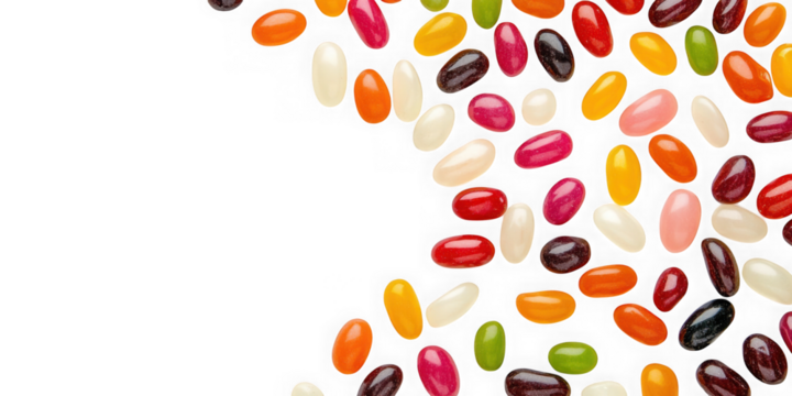 Collection of  scattered colorful jelly beans on a plain black background from upper right real image, no blur, clear image, hd, full hd, photos, isolated white background