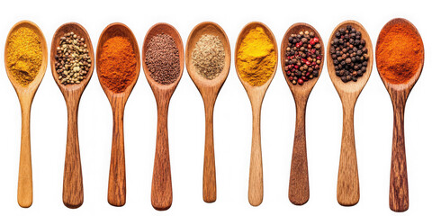 Collection of  assortment of spices in wooden spoons displayed against a black backdrop real image, no blur, clear image, hd, full hd, photos, isolated white background
