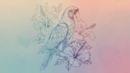 Parrot surrounded by hibiscus flowers