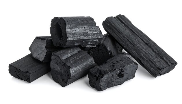Closeup of natural charcoal briquettes on a white background with ready to grill.