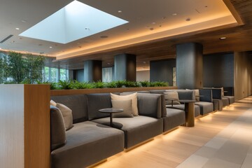 Luxurious corporate lounge with graphite velvet benches and honey-brass accents side-lit by warm cove LEDs overhead skylight fill