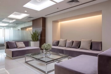 Fototapeta premium Luxurious corporate lounge with mauve-velvet daybeds and chrome-framed glass coffee table side-lit by warm LED cove skylight fill