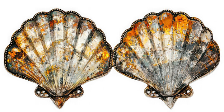 Collection of  a pair of ornate silver seashell shaped objects on a plain black background real image, no blur, clear image, hd, full hd, photos, isolated white background