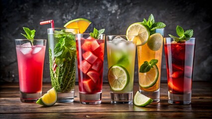 Fototapeta premium Six tall cocktail glasses in a row, each with unique colors and garnishes. Includes citrus, mint, and watermelon accents. Clean white background, bright lighting—perfect for summer or drink visuals.