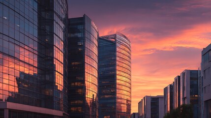 City Skyline at Sunset Modern Buildings Reflecting Dramatic Sky