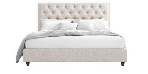 Collection of  upholstered bed with tufted headboard and white linens against black backdrop real image, no blur, clear image, hd, full hd, photos, isolated white background