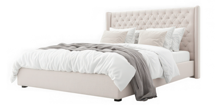 Collection of  a bed with a tufted headboard and white bedding against a black background real image, no blur, clear image, hd, full hd, photos, isolated white background