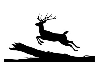 Obraz premium Black Silhouette of a Deer Leaping Over a Fallen Log on White Background