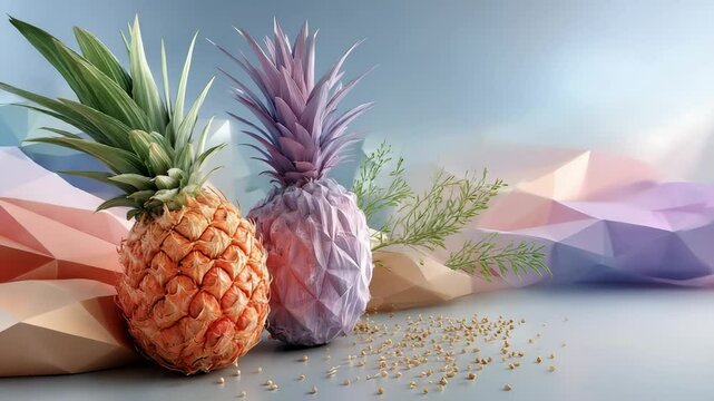 Two stylized pineapples on a pastel geometric background