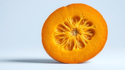 A vibrant half cut orange pumpkin showing its seeds and pulp on a plain light background studio shot
