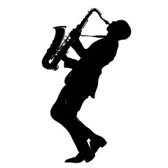 Silhouette of a Man Playing Saxophone in Black and White Minimalist Style