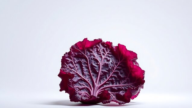 A single red cabbage leaf with prominent veins isolated against a plain white background in studio shot