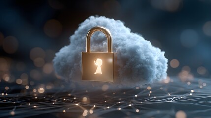 Golden padlock in front of a cloud on a connected network