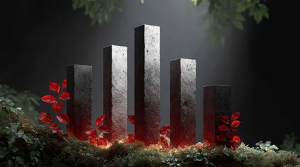 Abstract stone columns with glowing red leaves and mossy base pillars monoliths