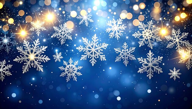 Festive winter snowflakes against a blue bokeh background