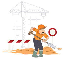 Builder with shovel at work.