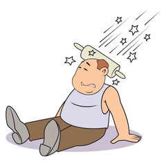 Man with dizziness and stars flying around head.