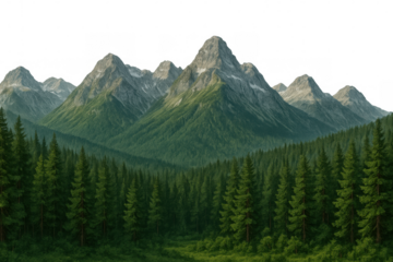 Majestic snow-capped mountains towering over lush evergreen forest, transparent background showcasing dramatic mountain landscape with pristine wilderness