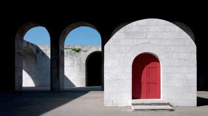 Naklejka premium White stone structure with arched doorways and a red door under shadows