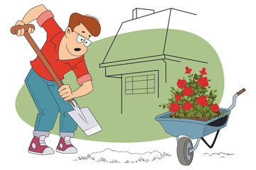 Man planting flowers in garden.