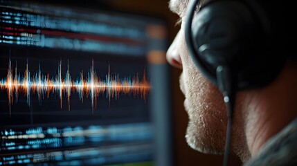 Man wearing headphones looking at a computer screen with waves