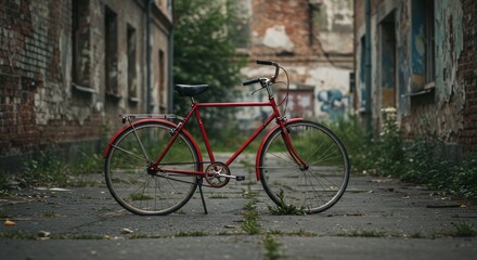 Fototapeta premium Red Bicycle Parked on Cracked Pavement in Urban Decay Setting
