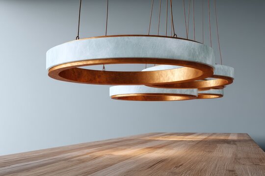 Minimalistic chandelier copper-finished rings and opal diffusers hanging above a smoked-oak desk sunrise light from right rim lighting